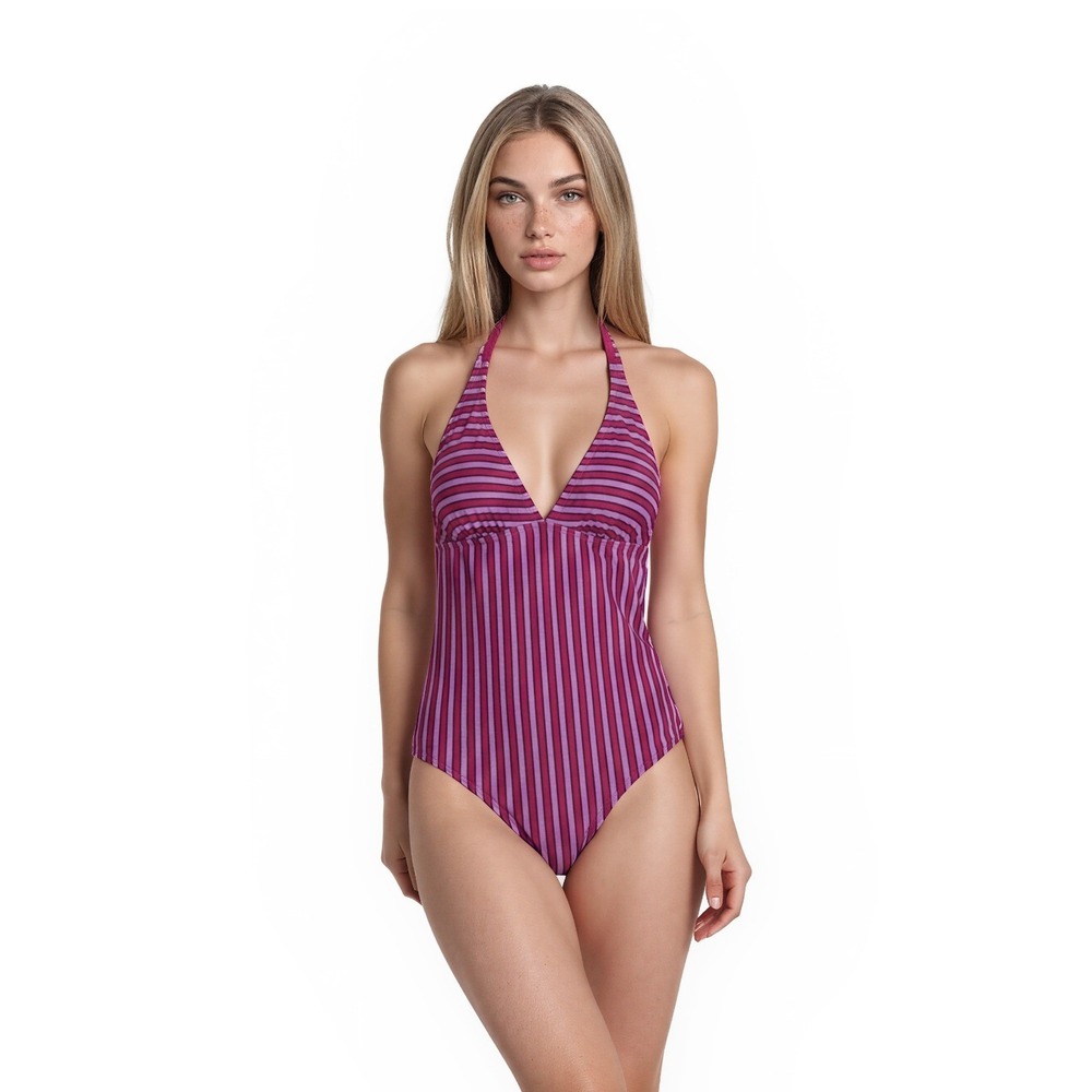 NWT Anne Cole One Piece Swimsuit Women's Size 8 Pink Purple Striped Halter VNeck